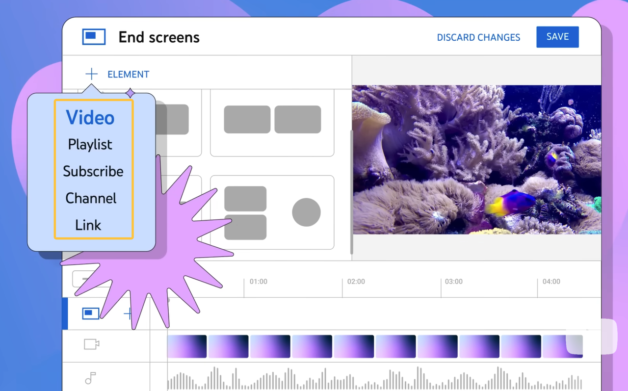 Video editor interface showing end screen elements being added over a timeline with an audio track for outro music.