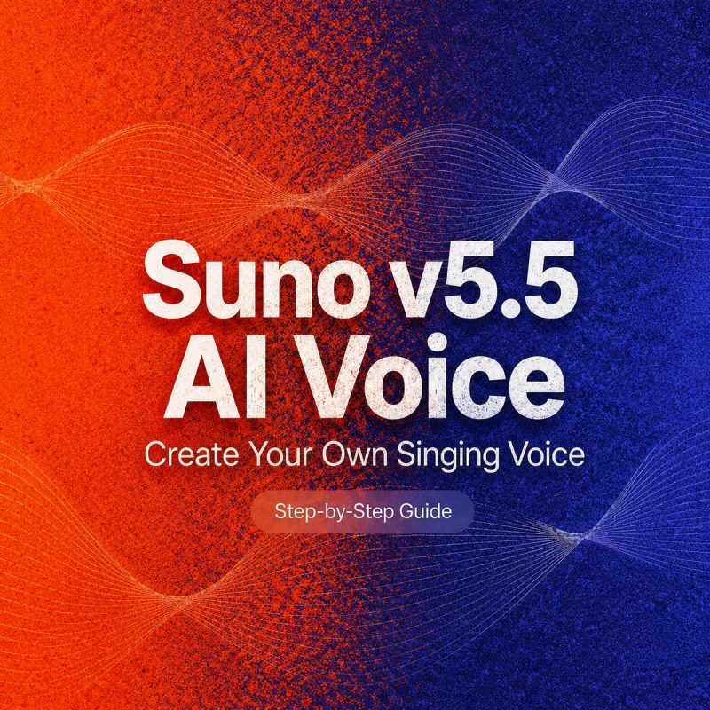 Complete 2026 guide banner for creating your own custom sound using the new suno v5.5 voices feature and colorful soundwave.