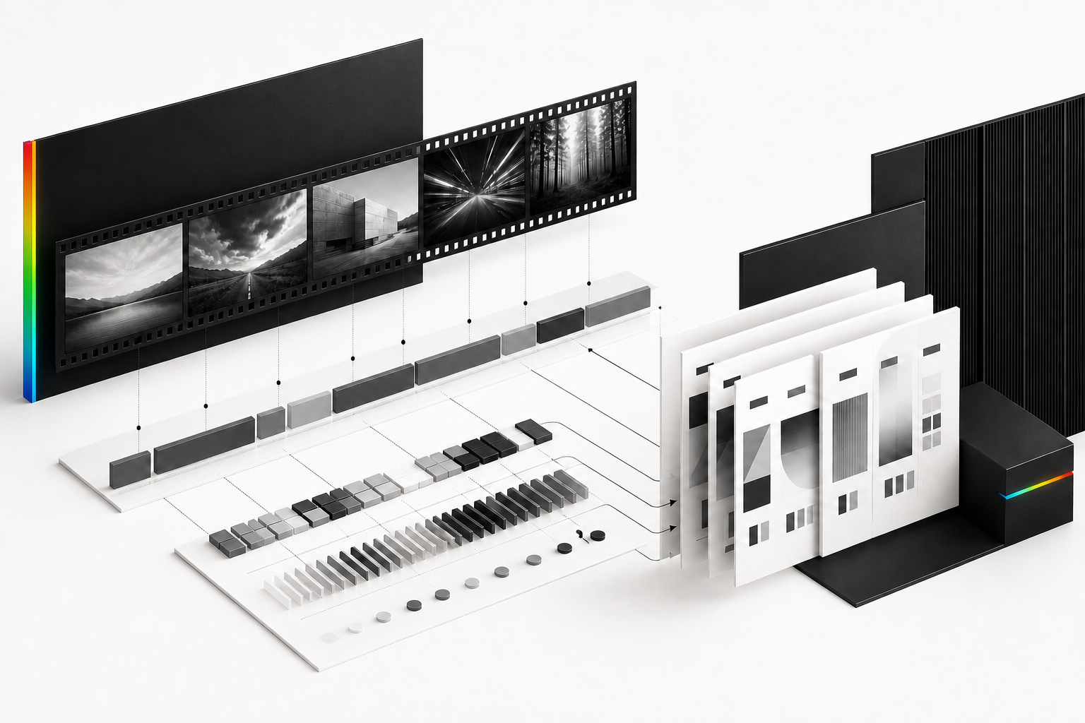 A black-and-white video editing timeline branches into labeled music-direction sections and prompt cards, with a single narrow spectrum accent along the timeline edge.