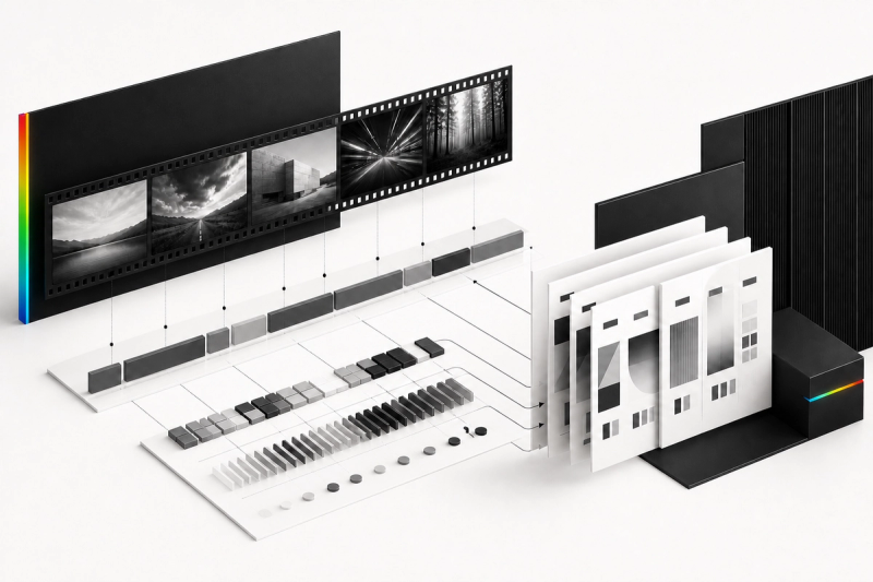 A black-and-white video editing timeline branches into labeled music-direction sections and prompt cards, with a single narrow spectrum accent along the timeline edge.