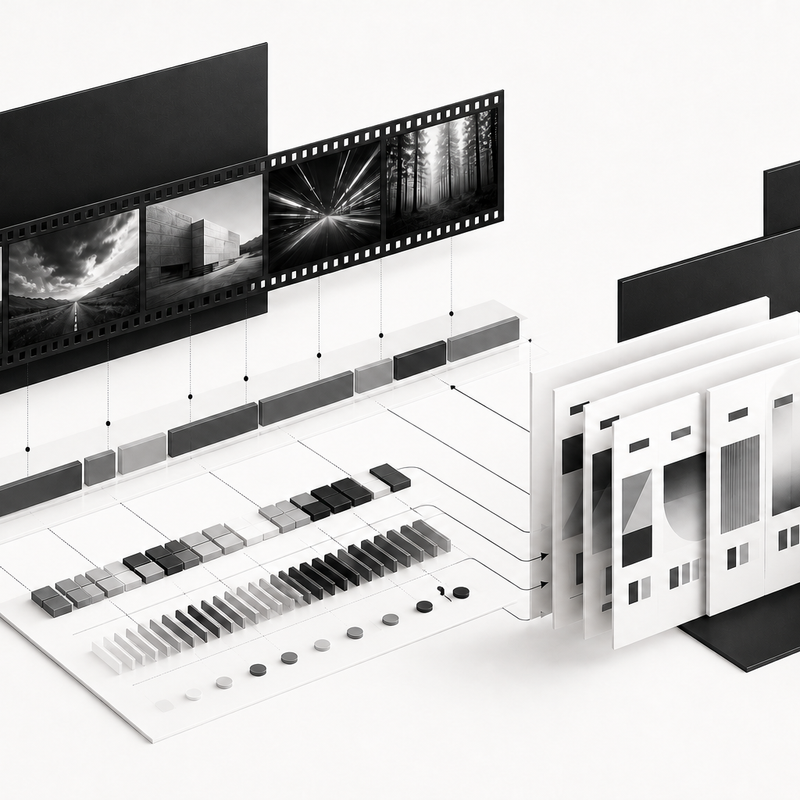 A black-and-white video editing timeline branches into labeled music-direction sections and prompt cards, with a single narrow spectrum accent along the timeline edge.