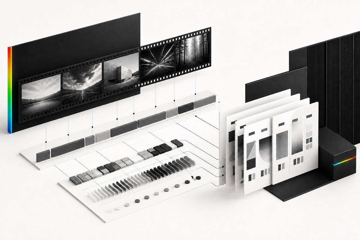 A black-and-white video editing timeline branches into labeled music-direction sections and prompt cards, with a single narrow spectrum accent along the timeline edge.