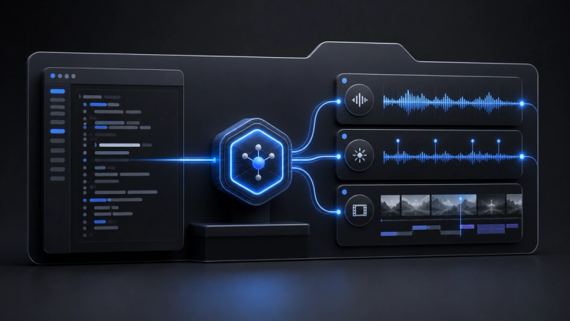 A dark Codex workspace connects through a blue MCP node to organized music, sound-effect, and video output tracks inside a bounded media folder.