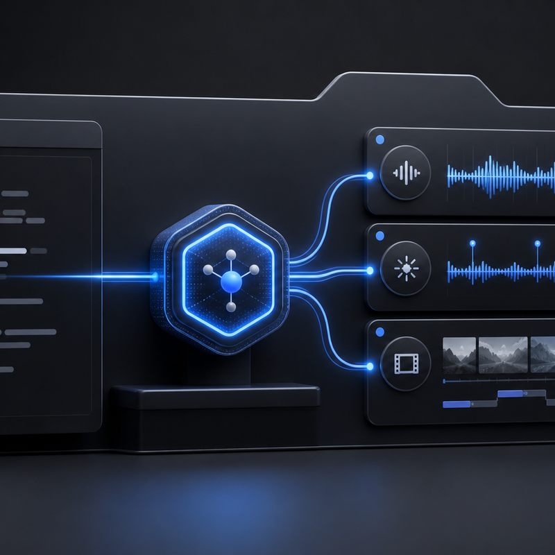 A dark Codex workspace connects through a blue MCP node to organized music, sound-effect, and video output tracks inside a bounded media folder.