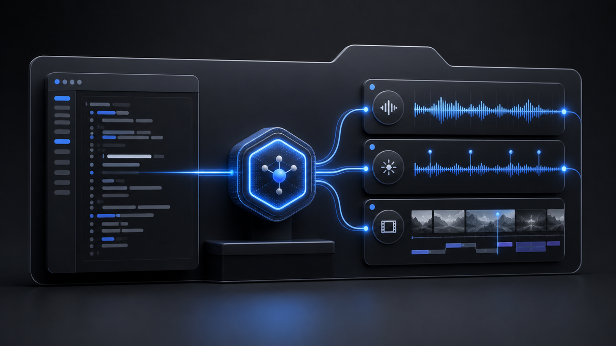 A dark Codex workspace connects through a blue MCP node to organized music, sound-effect, and video output tracks inside a bounded media folder.