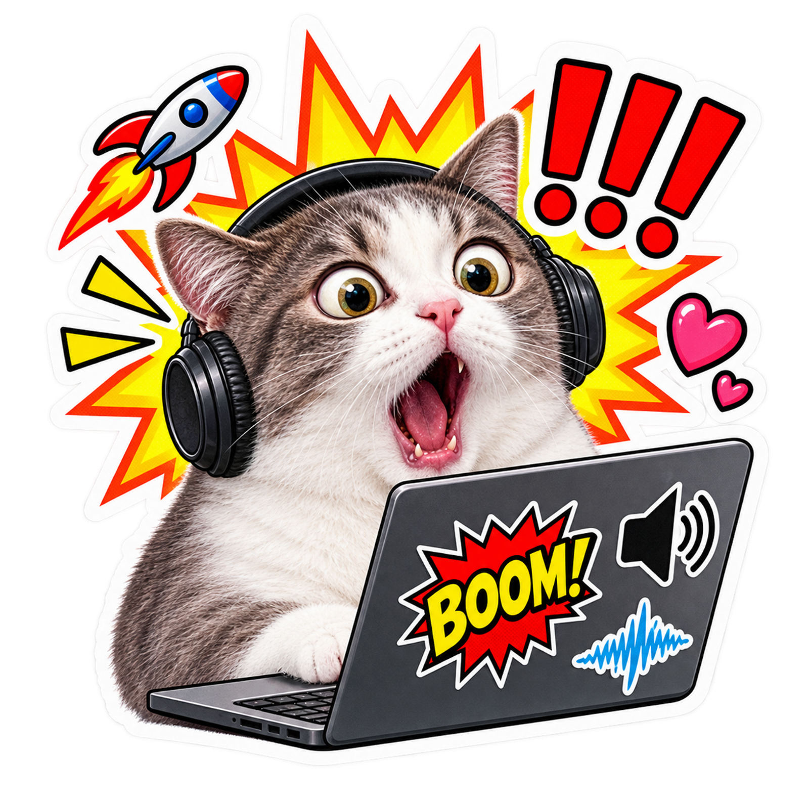 A shocked cat wearing headphones looking at a laptop while listening to loud and funny sound effects for videos.