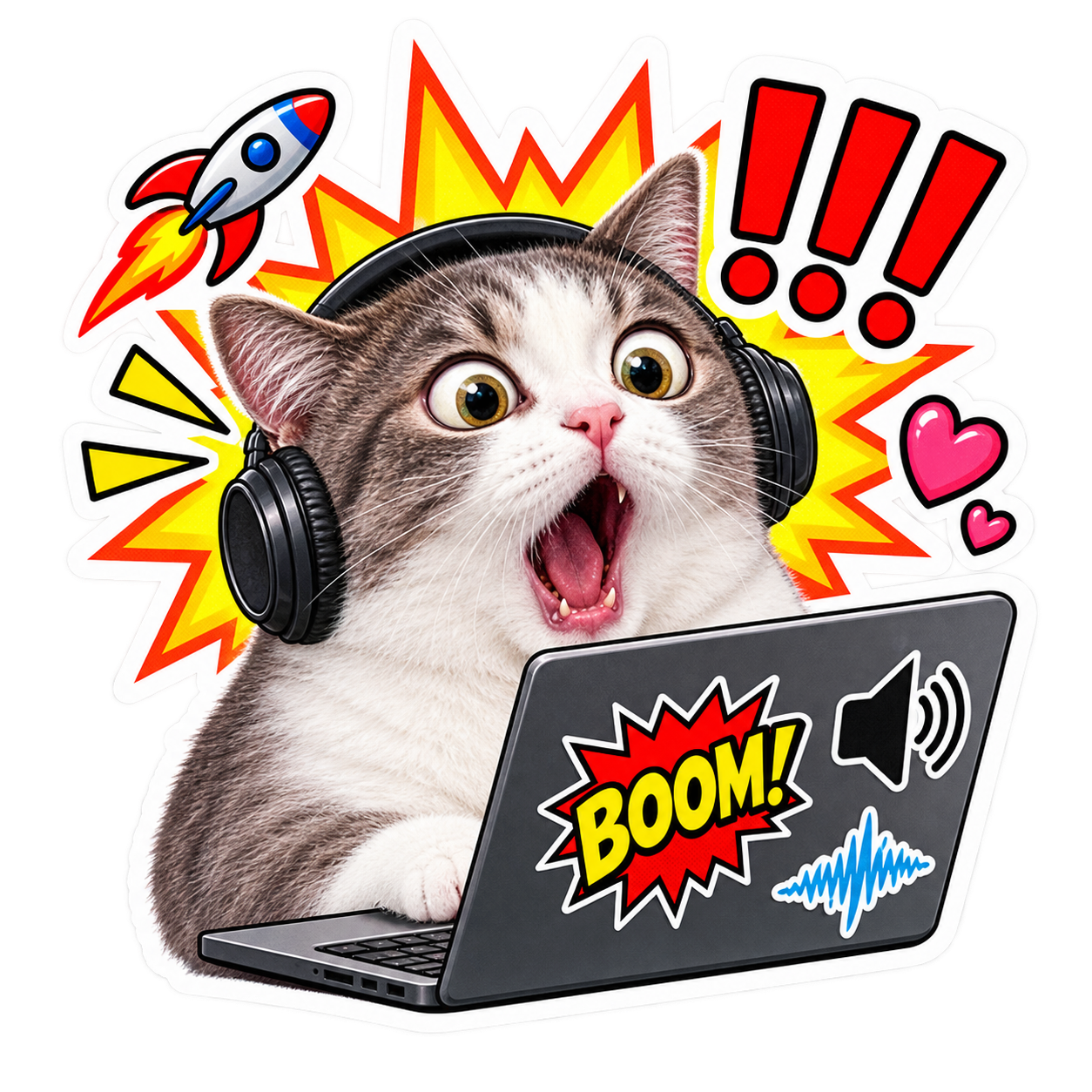 A shocked cat wearing headphones looking at a laptop while listening to loud and funny sound effects for videos.