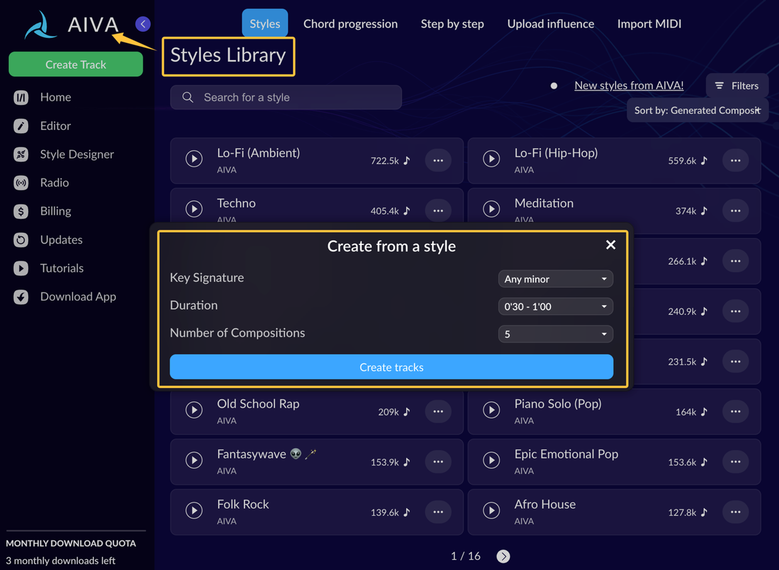 Use the AIVA AI music generator Styles Library to create custom tracks by selecting key signatures and durations.
