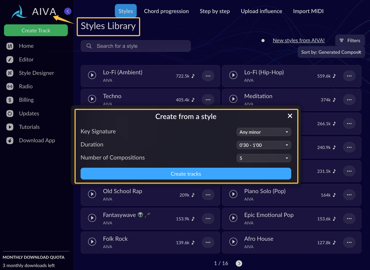 Use the AIVA AI music generator Styles Library to create custom tracks by selecting key signatures and durations.