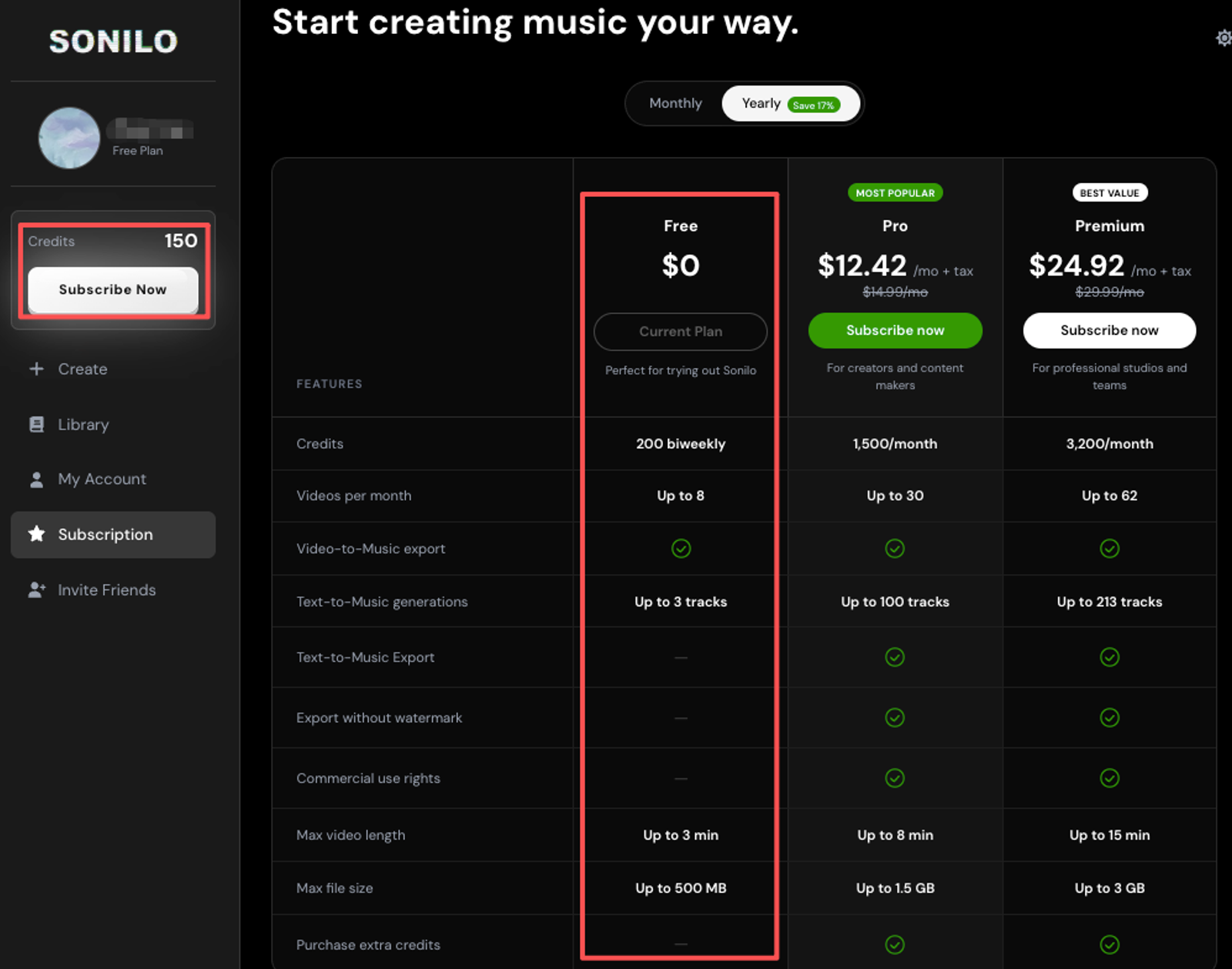 Pricing page showing the free tier of Sonilo, highlighting it as an affordable mureka v9 alternative.