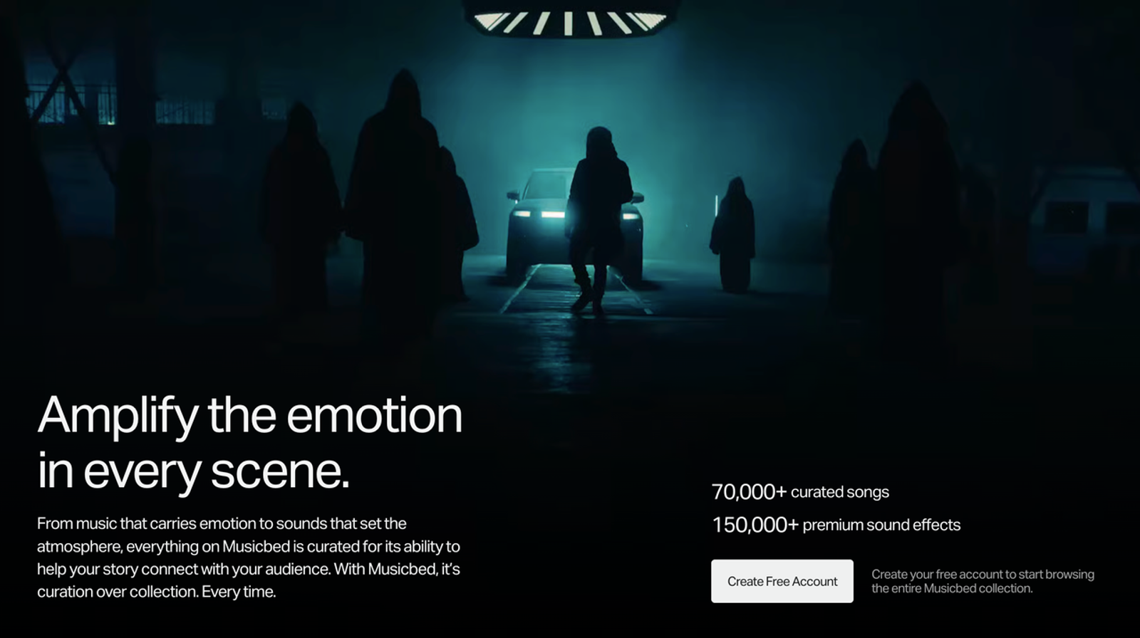 Musicbed homepage offering premium cinematic soundtracks as great artlist alternatives.