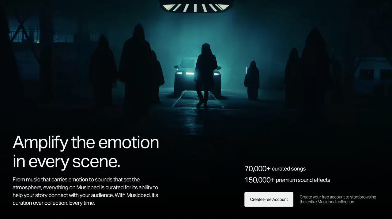 Musicbed homepage offering premium cinematic soundtracks as great artlist alternatives.