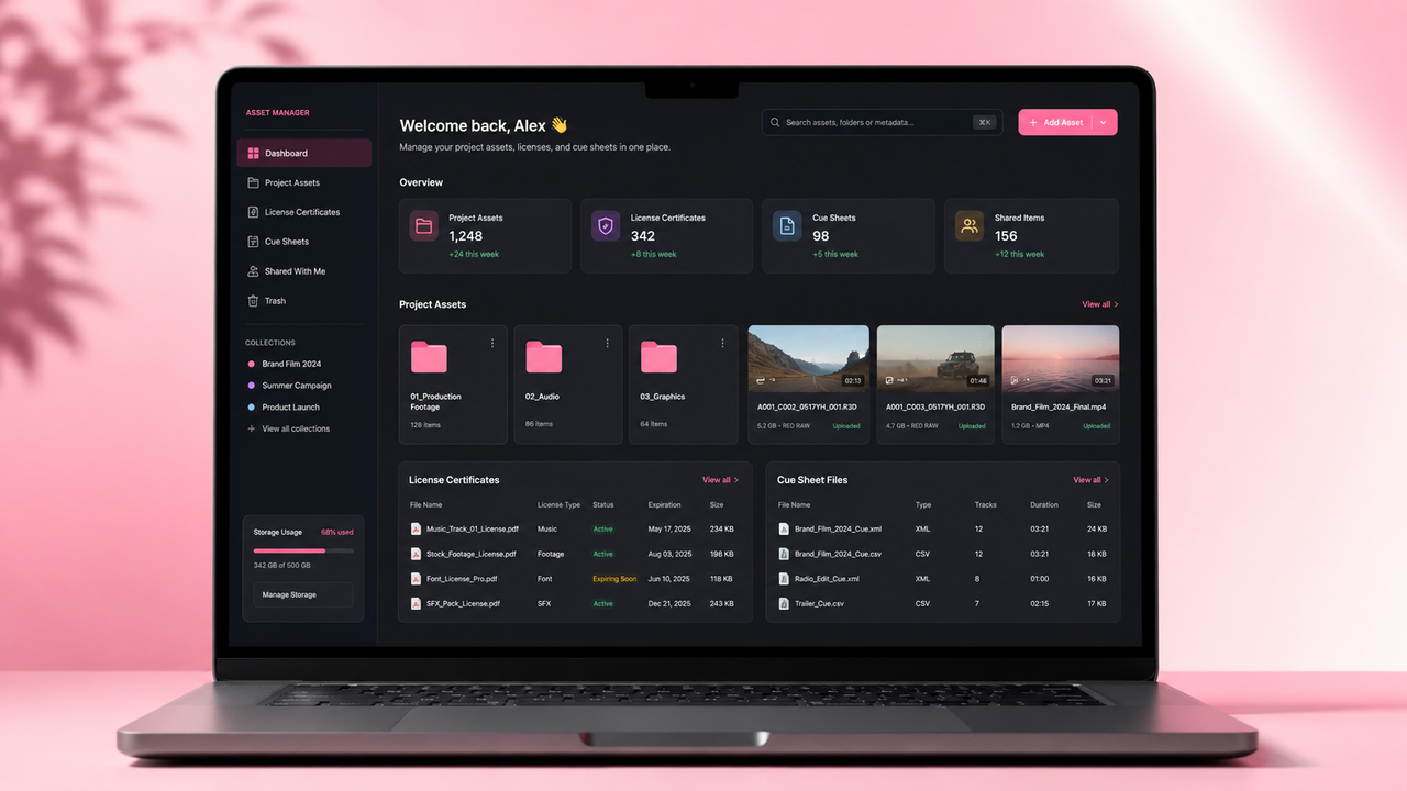 Laptop displaying a dark-mode Asset Manager dashboard organizing project assets, license certificates, cue sheet files, and storage usage.
