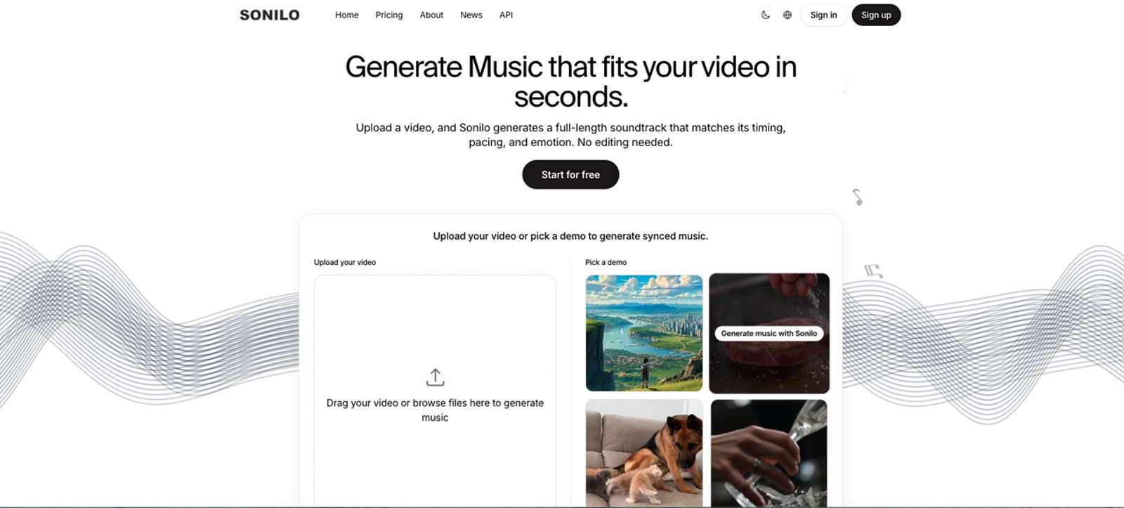 Sonilo AI music generator homepage showing how to make a melody by uploading a video to instantly create synced soundtrack, featuring upload area and demo video thumbnails for emotional music matching
