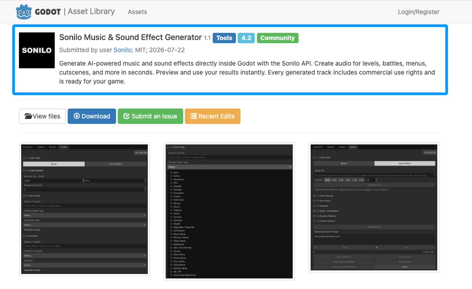 Godot Asset Library page for the Sonilo plugin, an AI tool used to generate sound effects for games inside the engine.