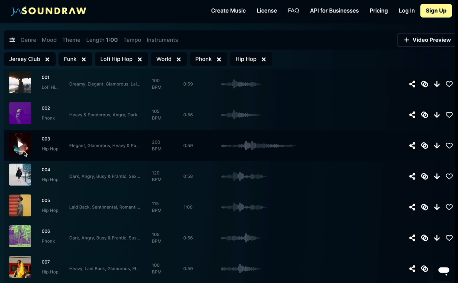Browsing and previewing music in Soundraw AI music generator's dashboard with genre filters.