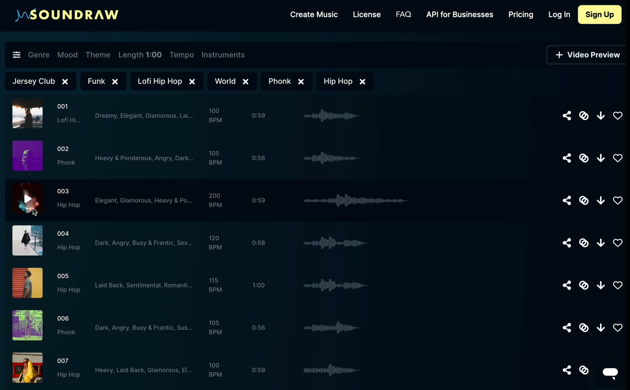 Browsing and previewing music in Soundraw AI music generator's dashboard with genre filters.