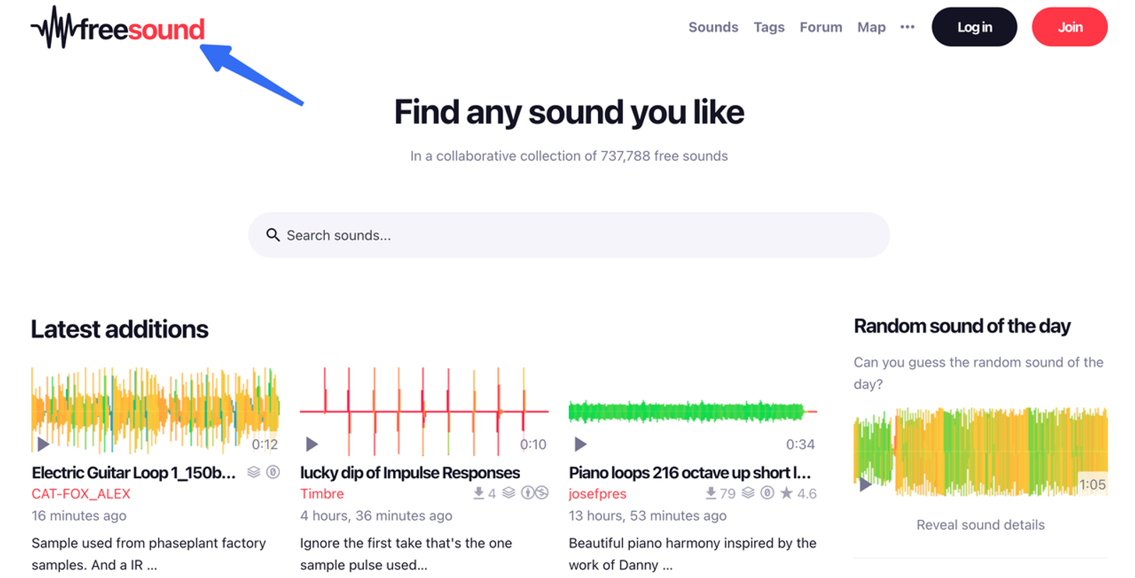 大規模な無料音源共有サイト「freesound」のトップページ画像です。ユーザーが様々な環境音や効果音を検索できるインターフェースを示しており、AIで動画に効果音を付けるための高品質な素材収集に役立つプラットフォームの紹介です。