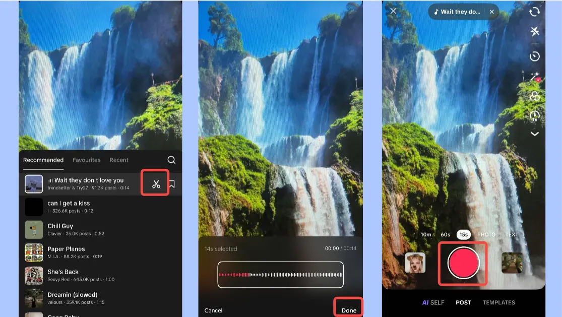 A series of screenshots demonstrating how to add music to TikTok video, from selecting and trimming a track to preparing for recording.
