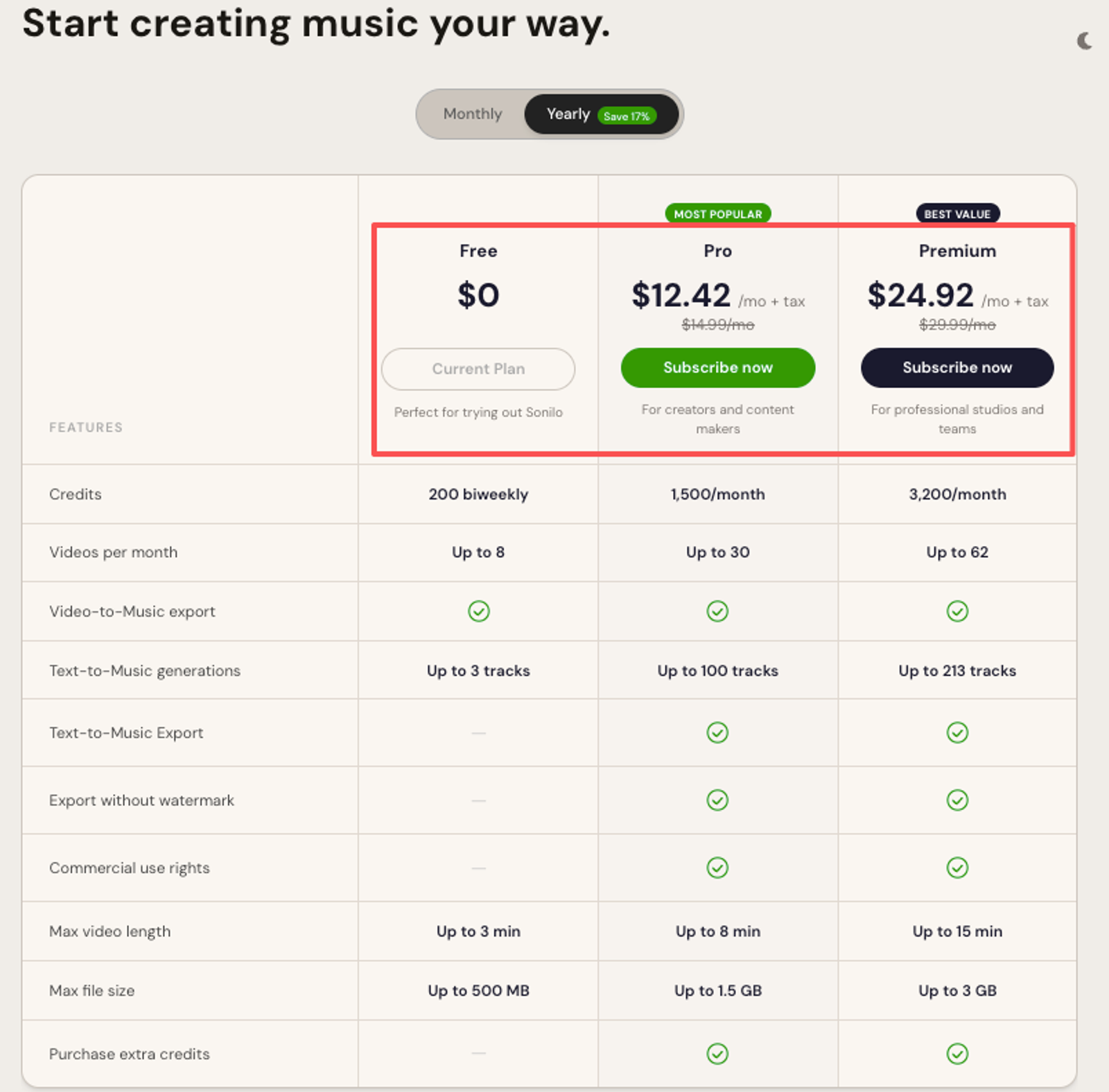 View the Sonilo pricing page comparing the Free, Pro, and Premium subscription plans with monthly costs and feature limits.