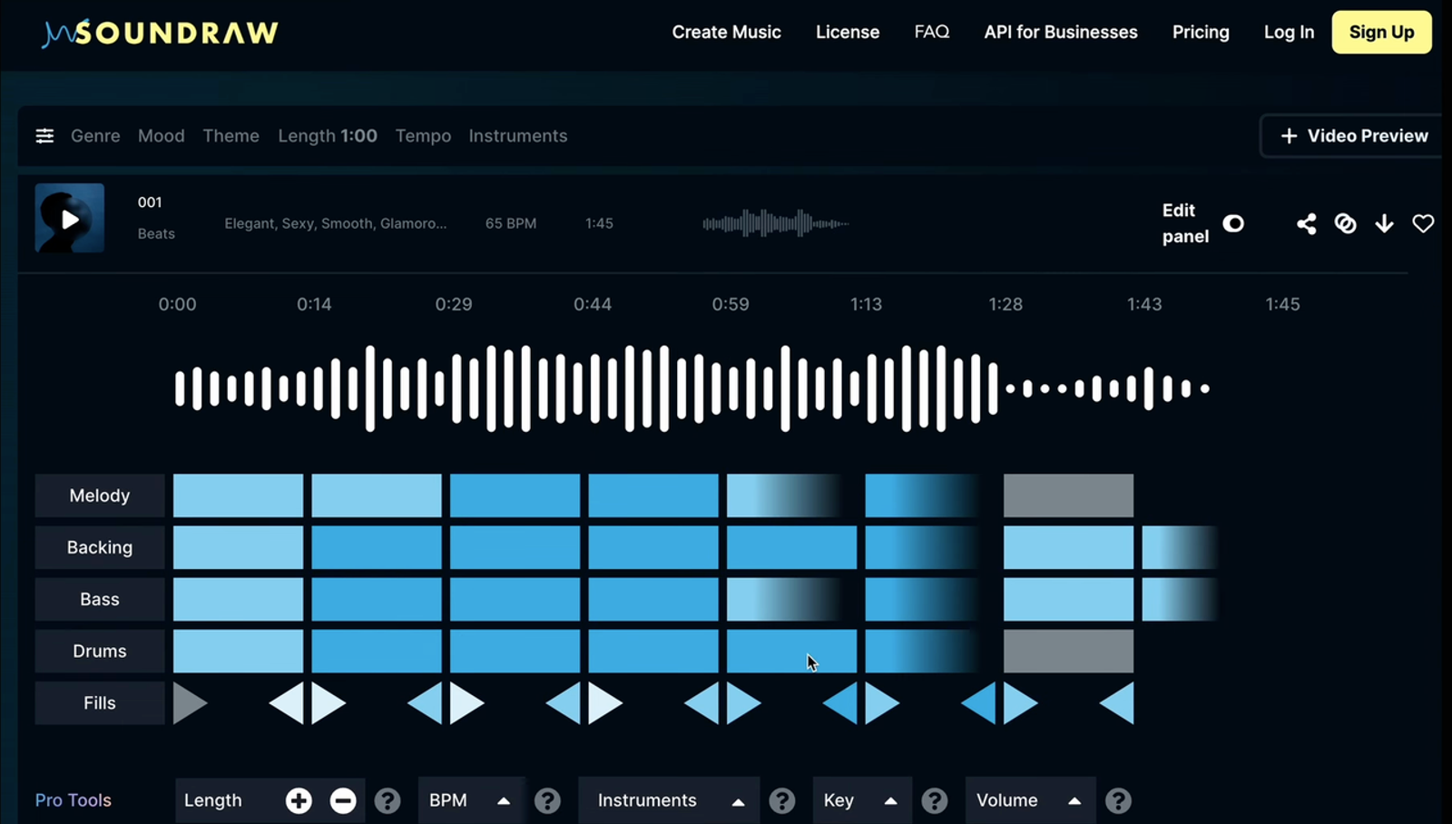 Soundraw AI music generator's detailed track editing interface showing wave forms and separate track controls.