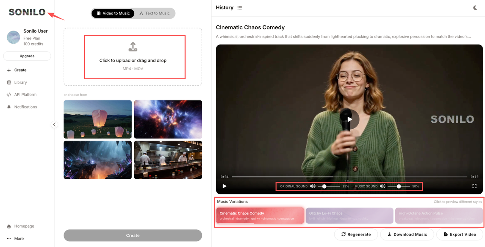 Use the Sonilo app interface to simplify how to add audio to a video, featuring smart music variations and volume sliders.