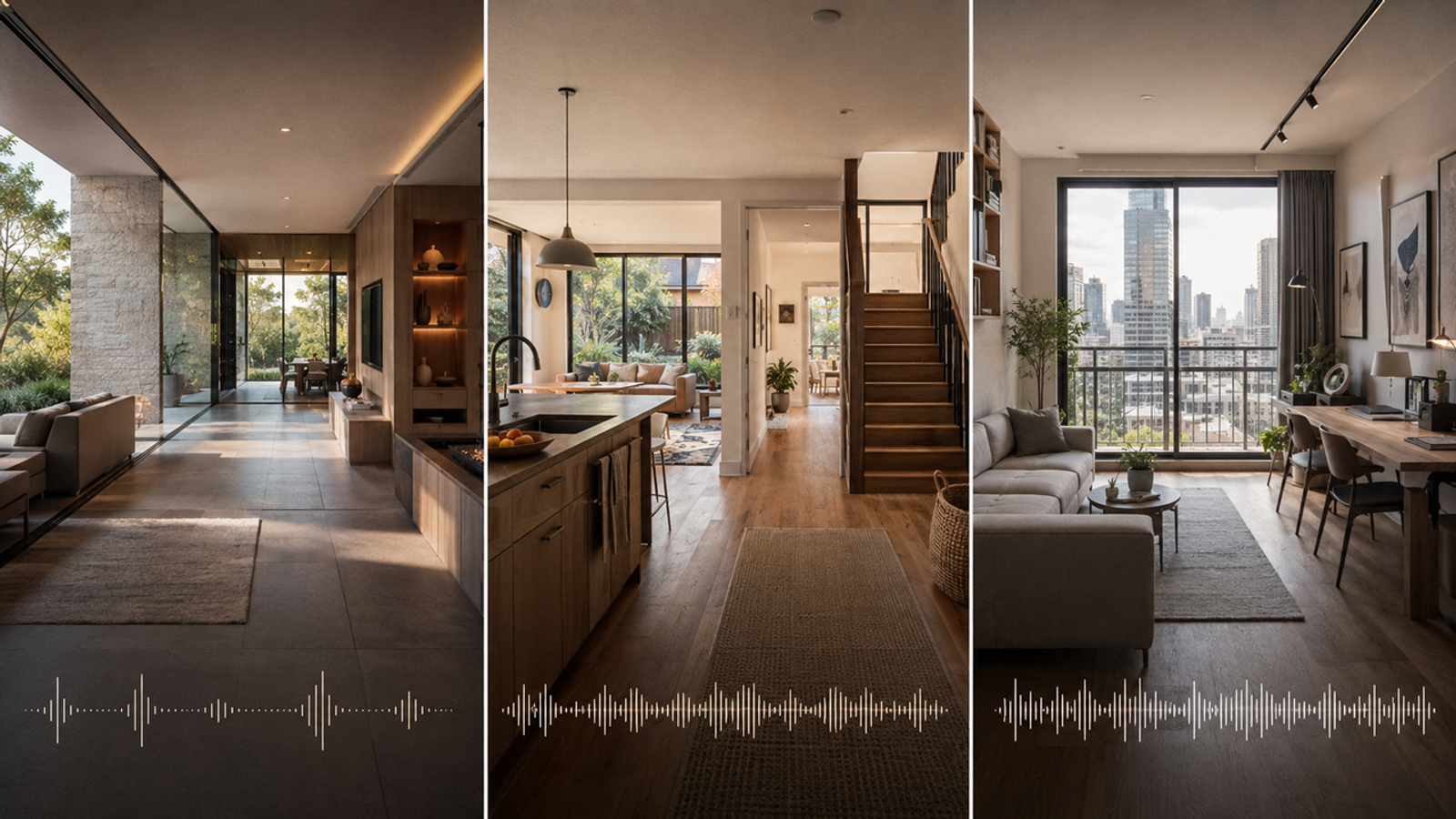 Interior property photos featuring audio soundwaves, illustrating the impact of engaging music for real estate videos.