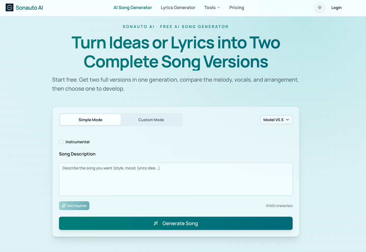 Explore the sonauto ai music generator interface that turns your ideas or lyrics into two complete song versions easily.