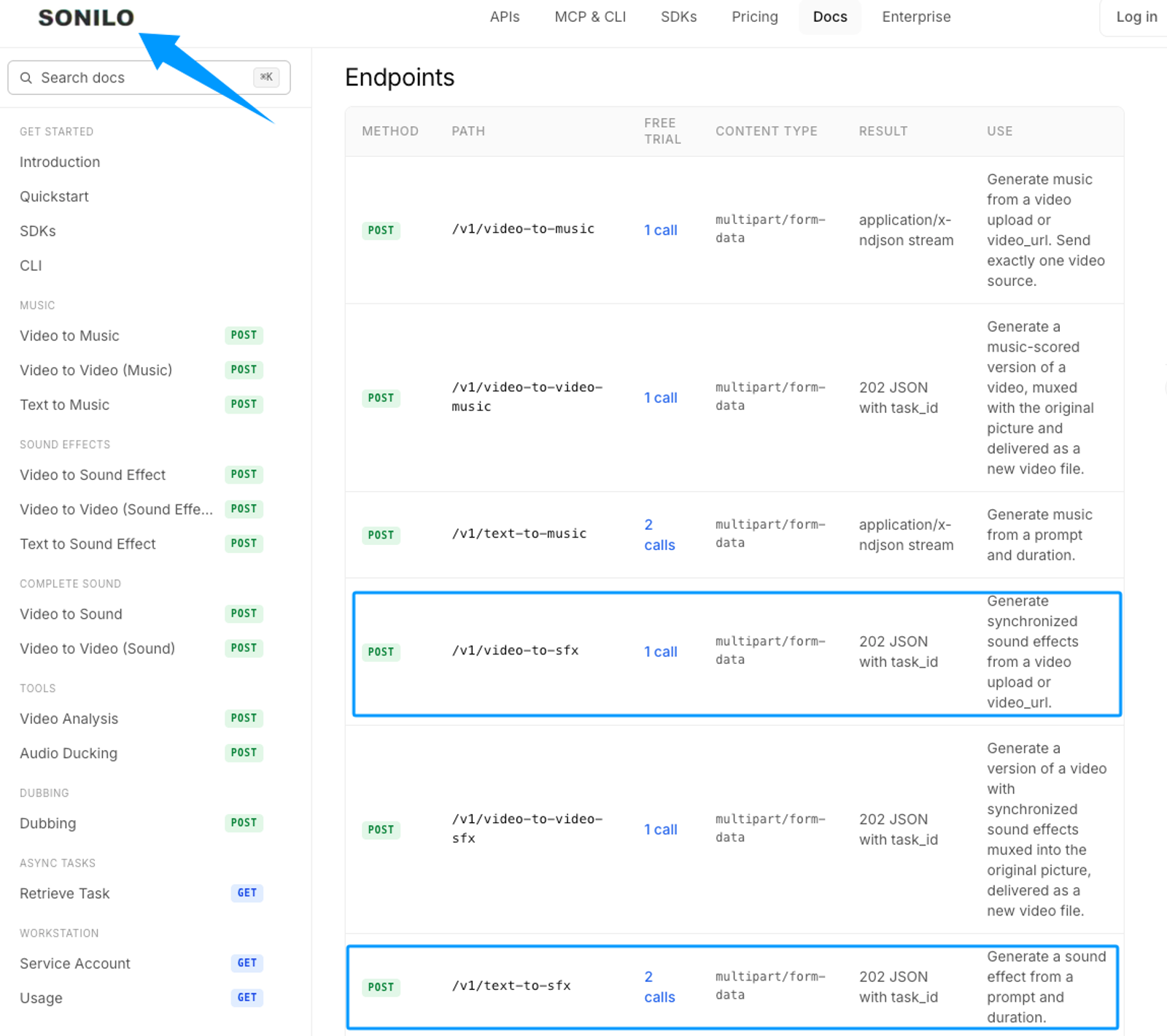  A screenshot of Sonilo API documentation highlighting endpoints for generating sound effects for YouTube videos from video and text.