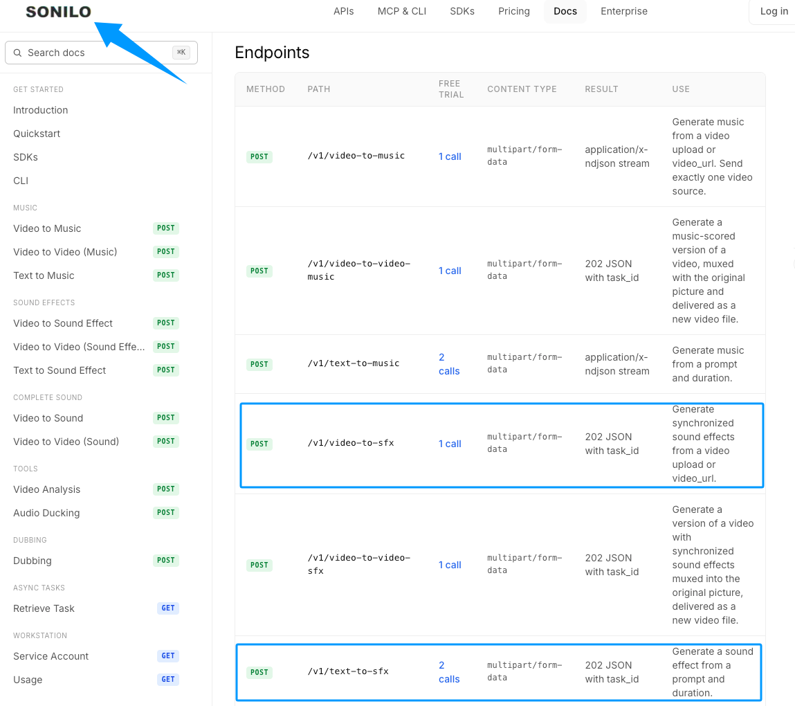 A screenshot of Sonilo API documentation highlighting endpoints for generating sound effects for YouTube videos from video and text.