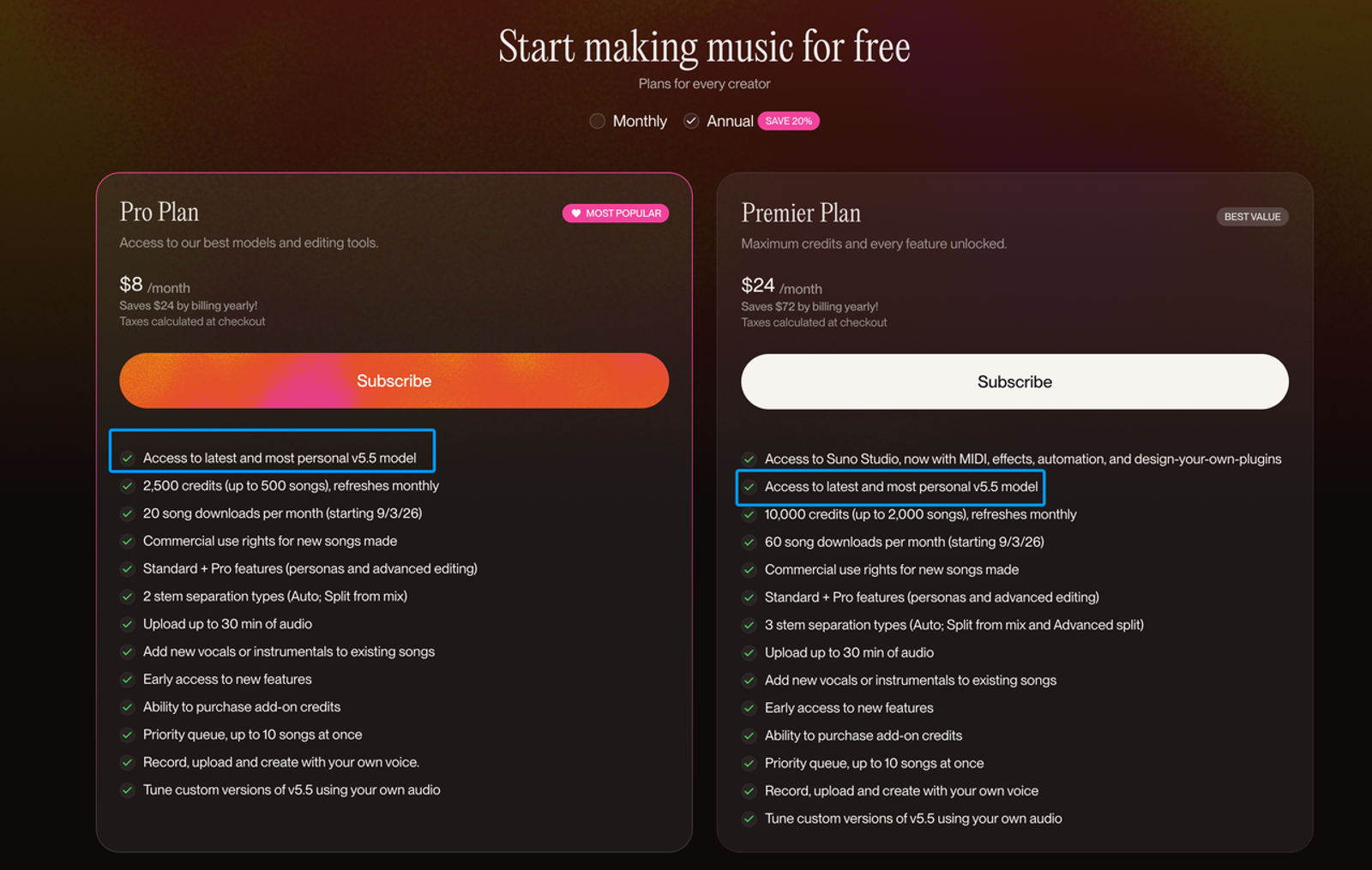 Conheça os planos Pro e Premier que oferecem acesso exclusivo ao modelo Suno v5.5 Voices para criar músicas.