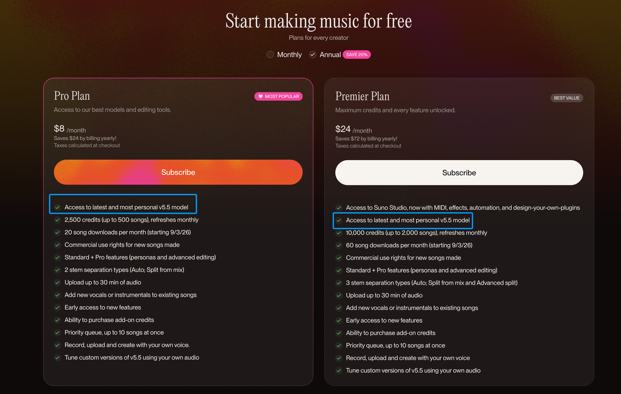 Conheça os planos Pro e Premier que oferecem acesso exclusivo ao modelo Suno v5.5 Voices para criar músicas.