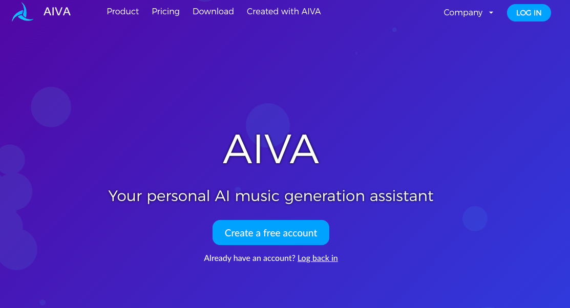 Site do AIVA, um dos geradores de música com IA para Instagram Reels mais populares.