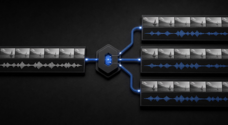 A monochrome video timeline branches into three parallel dubbed-language video tracks, each with speech waveforms and a small blue localization marker.