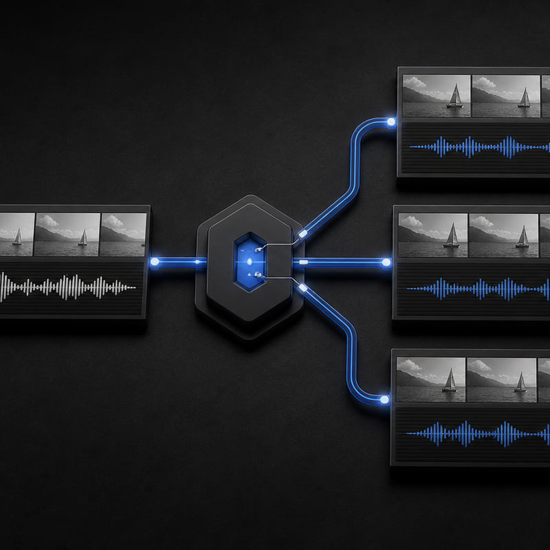 A monochrome video timeline branches into three parallel dubbed-language video tracks, each with speech waveforms and a small blue localization marker.