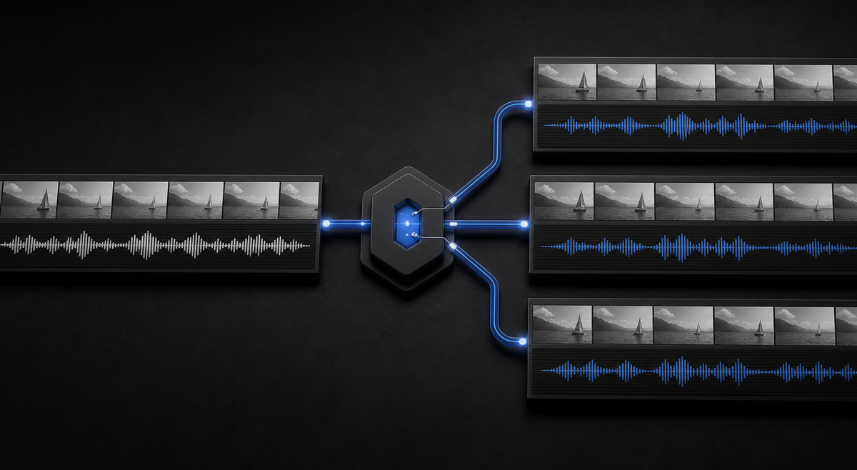 A monochrome video timeline branches into three parallel dubbed-language video tracks, each with speech waveforms and a small blue localization marker.