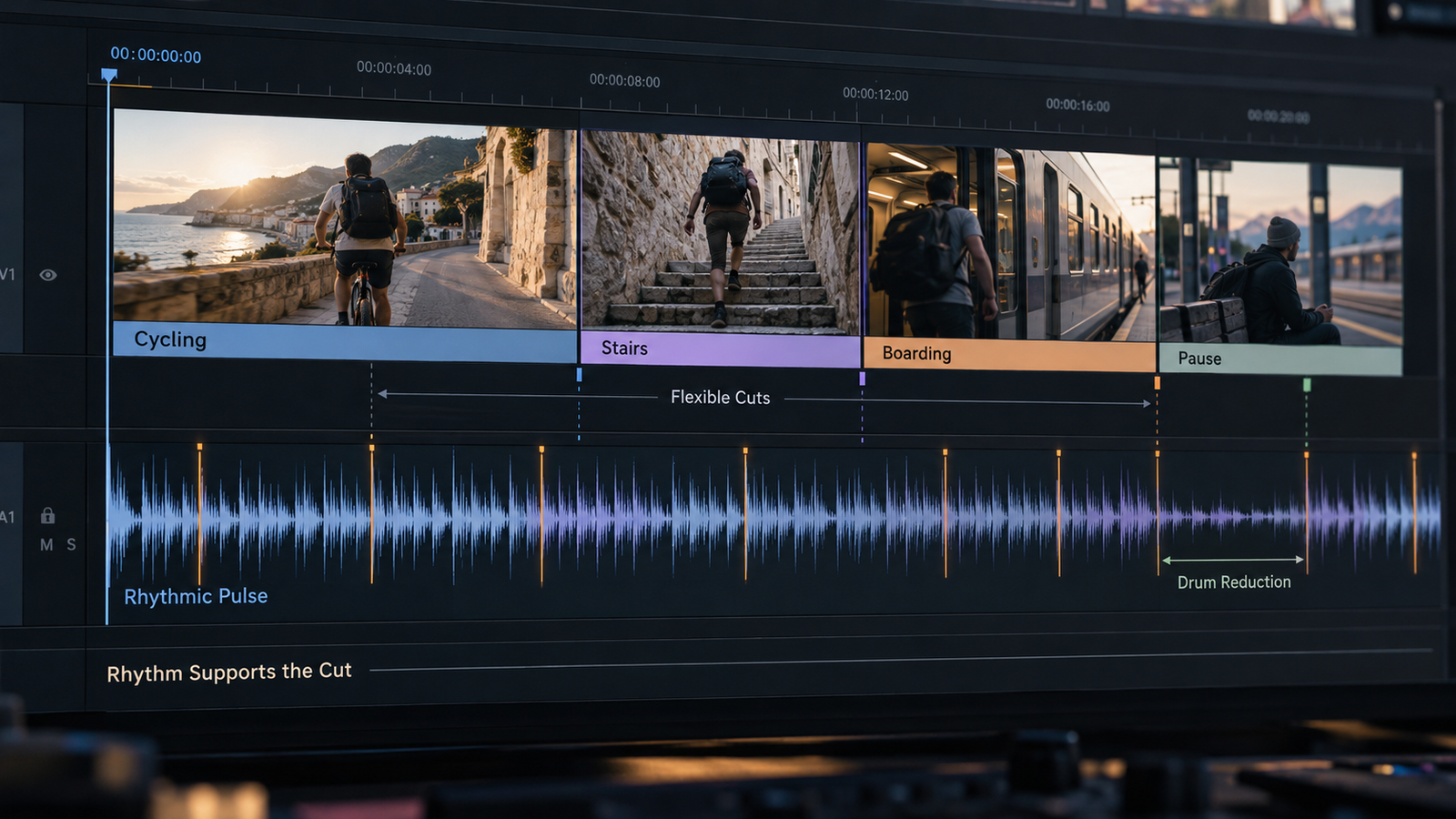 Timeline showing how a rhythmic pulse helps editors cut clips to the beat of music for travel videos. 