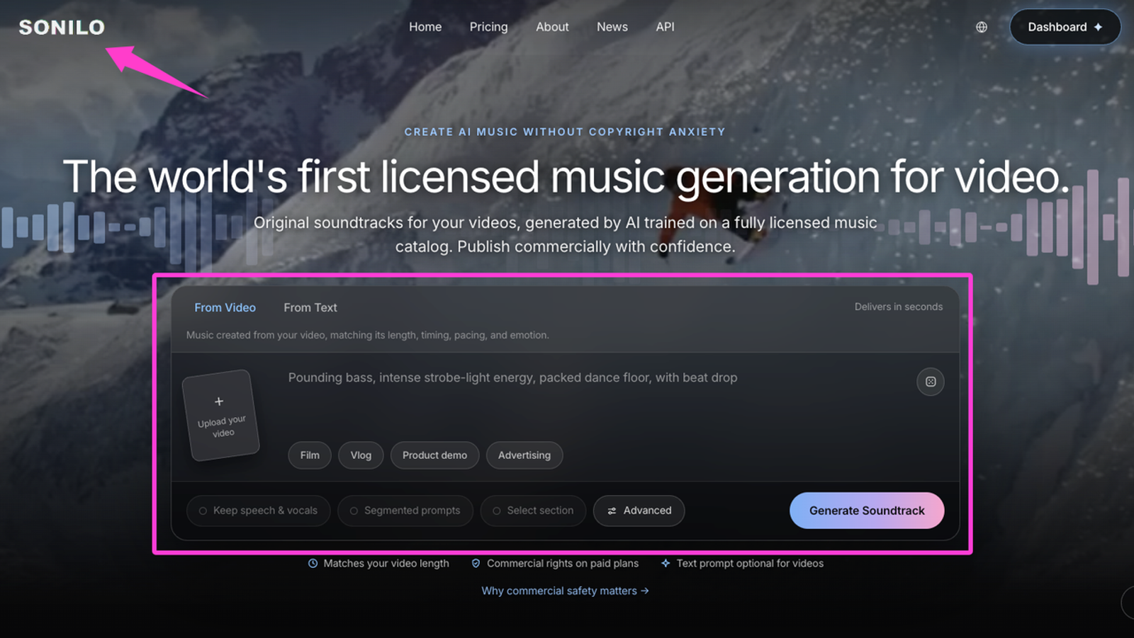 The Sonilo website interface demonstrating how to write better melodies using AI licensed music generation from text.