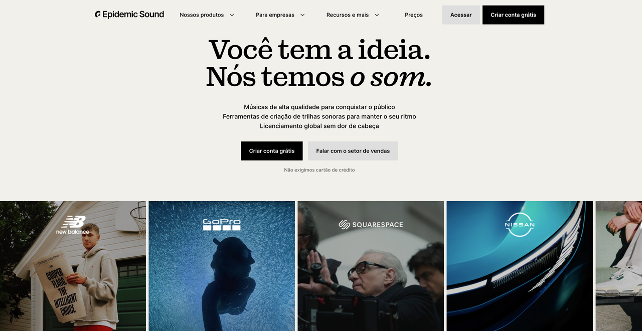Página inicial do Epidemic Sound, uma popular plataforma de trilhas sonoras que serve como forte alternativa ao Suno v5.5.