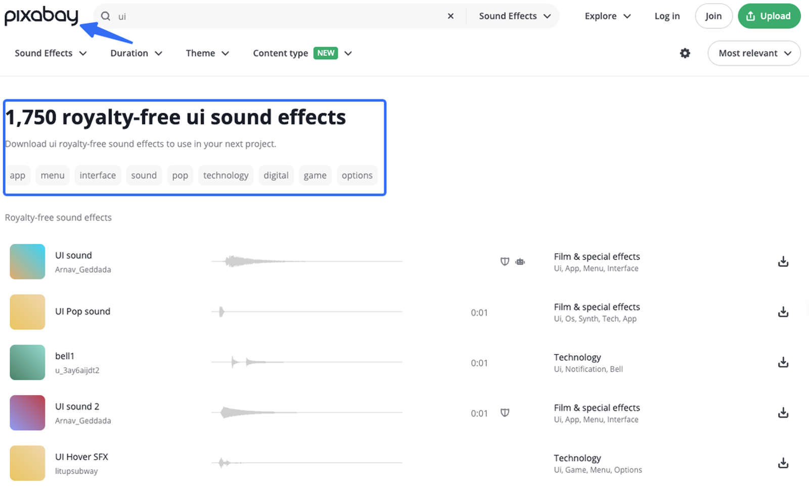  Screenshot of Pixabay website displaying thousands of free ui sound effects available for download.