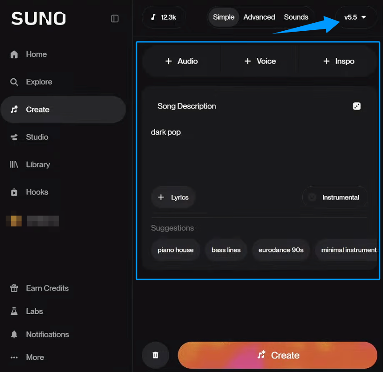 Suno creating screen screenshot. Arrow highlights model selection dropdown. Highlights song description and creation controls for Suno v6 video.