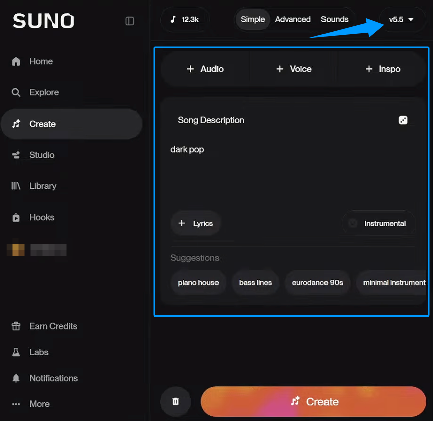 Suno creating screen screenshot. Arrow highlights model selection dropdown. Highlights song description and creation controls for Suno v6 video.