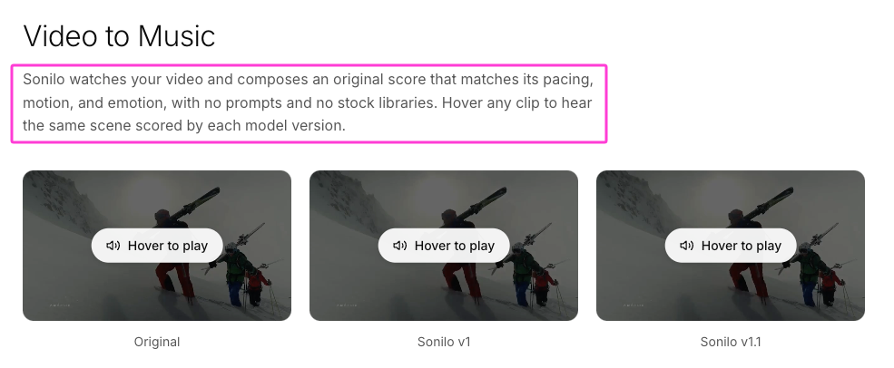 The Sonilo video soundtrack generator interface comparing an original clip's audio with AI-composed scores from models v1.