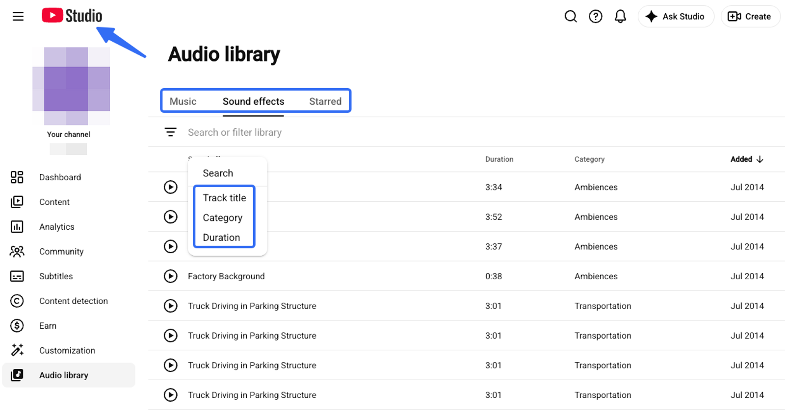 YouTube Studio Audio Library interface for finding free meme sound effects by category.