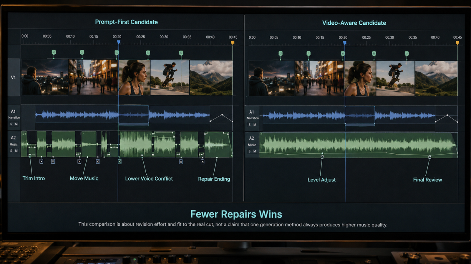 Comparison of editing workflows from best ai music generators for creators 2026, contrasting prompt-first candidates with video-aware candidates.