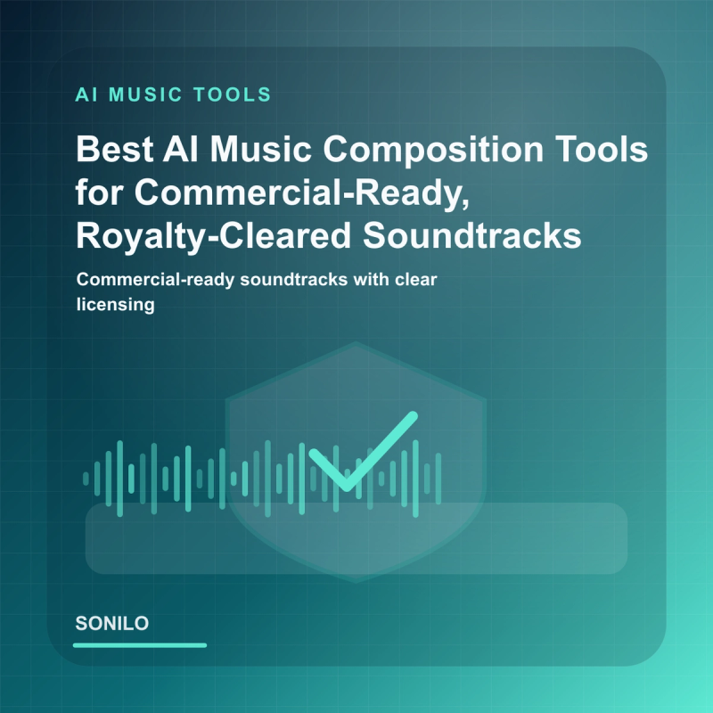 AI music composition tools cover with licensed soundtrack waveform and commercial clearance badge