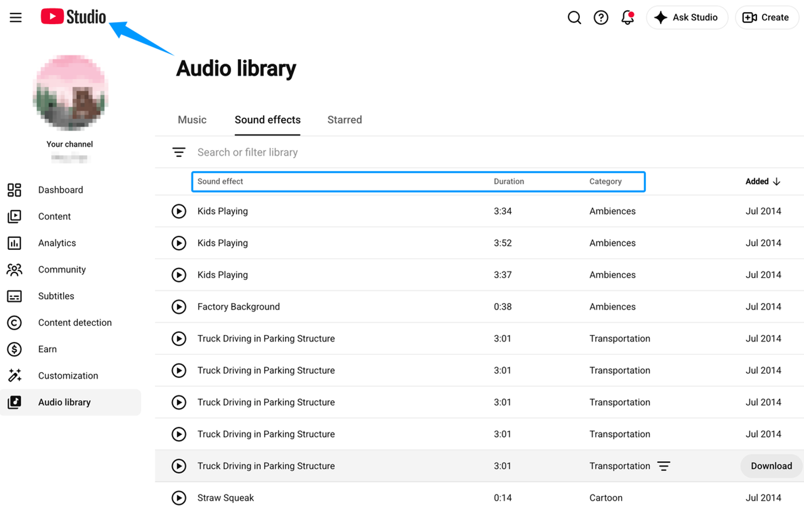YouTube Studio Audio Library interface where creators can download free and funny sound effects for videos easily.
