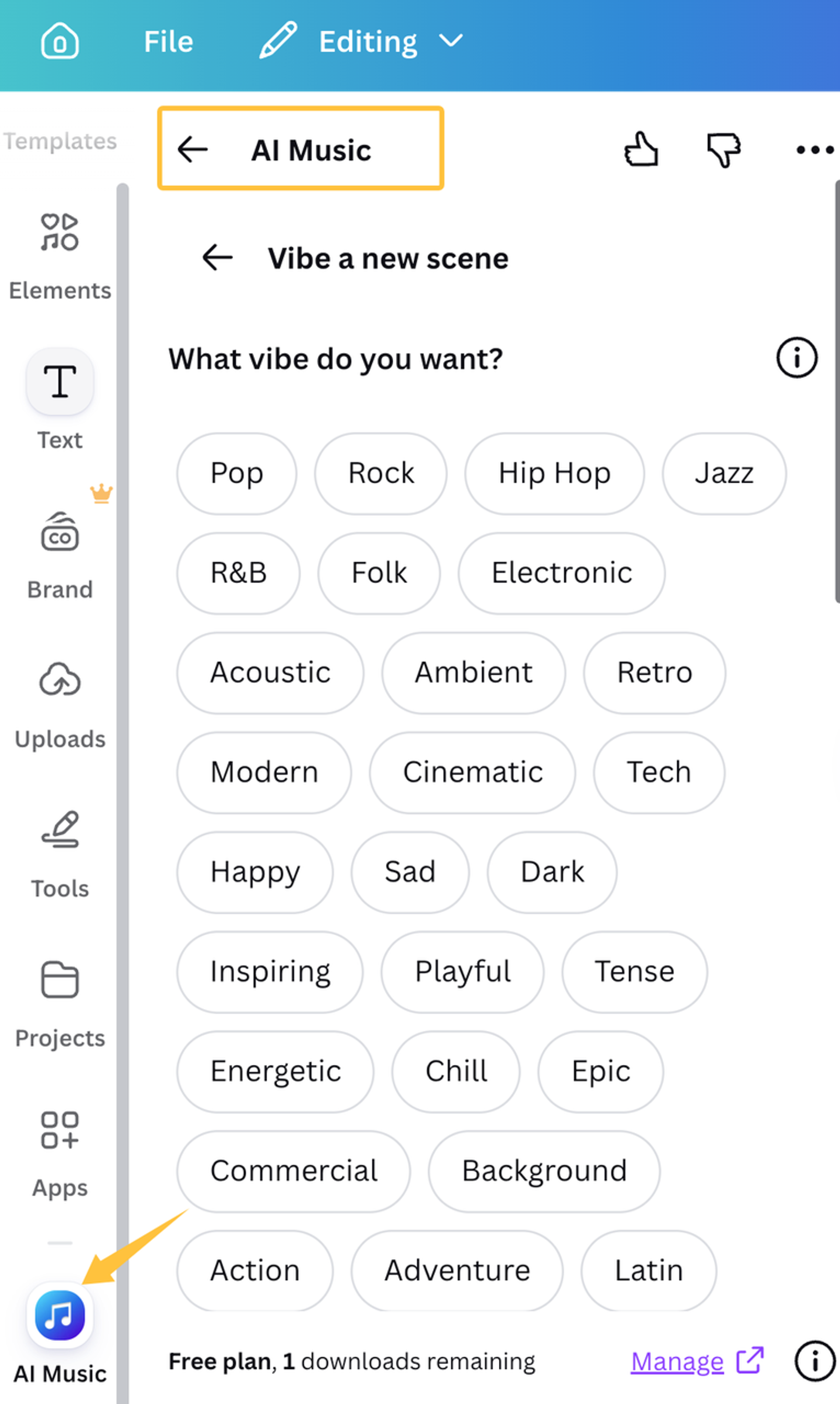 Browsing the vibe selection menu within the Canva AI music generator sidebar tool.