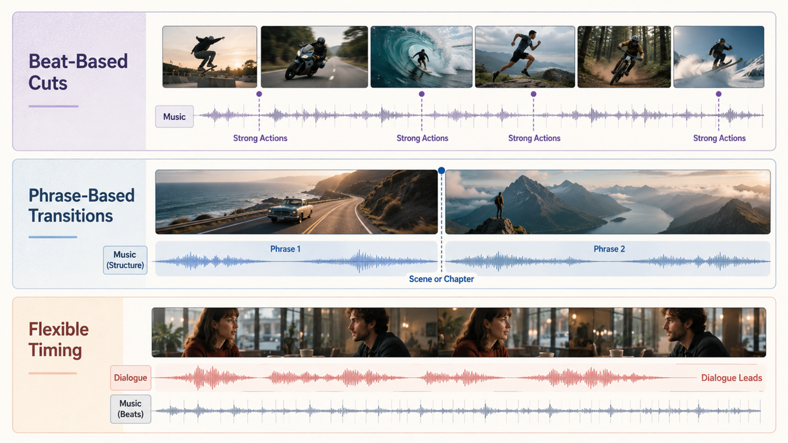 Infographic displaying how to make video sync with music through beat-based cuts and phrase-based transitions.