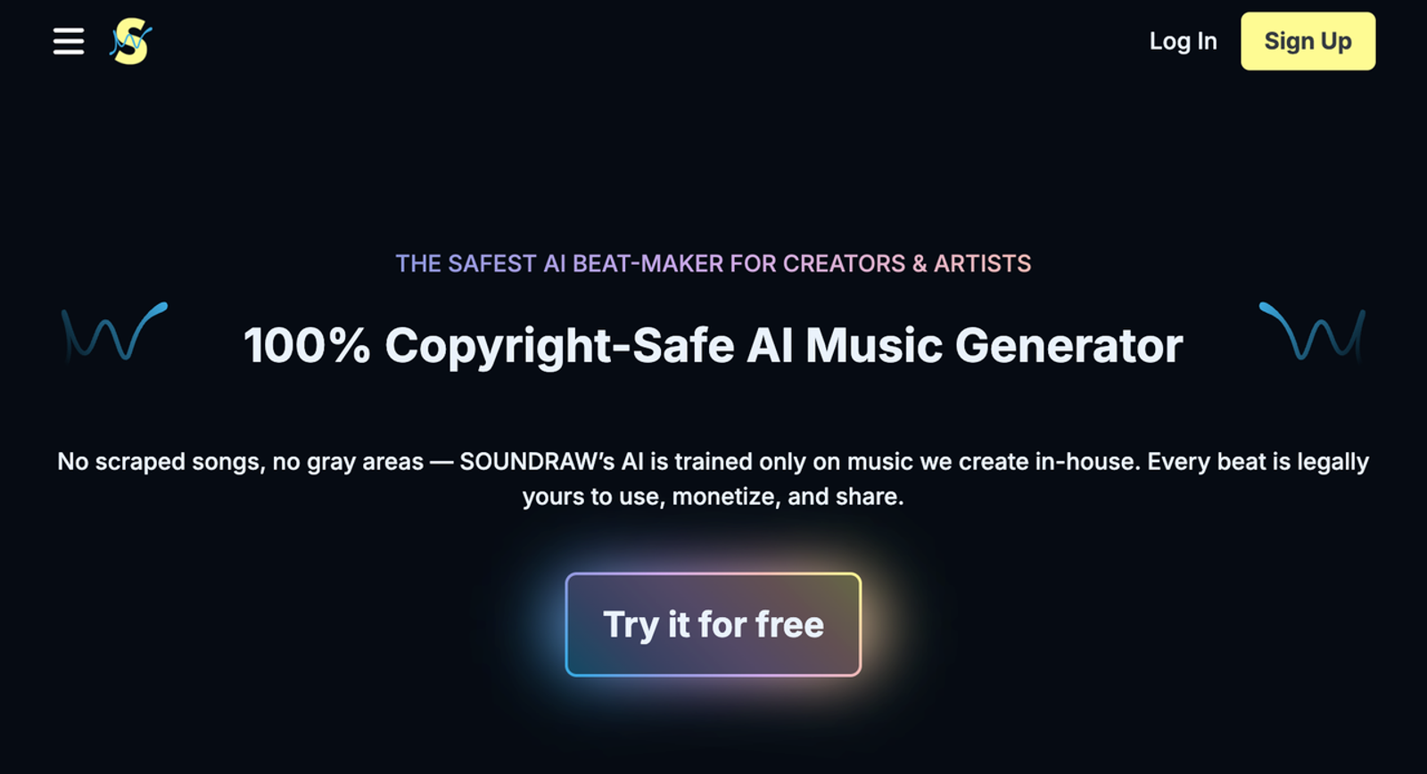 A screenshot of Soundraw AI music generator landing page, highlighting its 100% copyright-safe music feature.